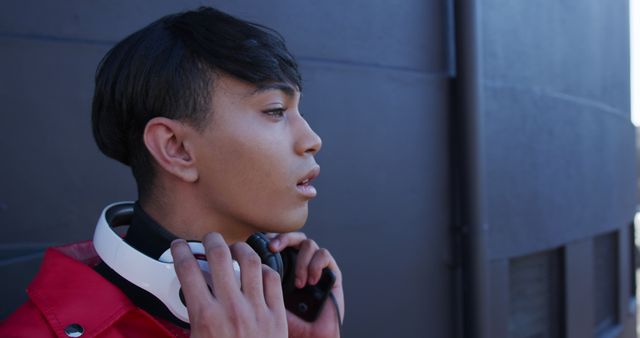 Teenage Boy Adjusting Headphones Standing by Urban Wall - Download Free Stock Images Pikwizard.com