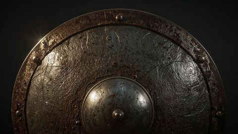 Antique metal shield with central domed boss in dark atmosphere