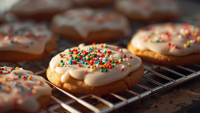 Fresh baked cookies with white frosting and sprinkles on cooling rack
