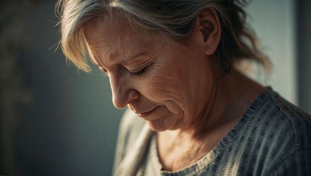 Senior woman looking down near window soft light wearing grey knit top contemplative serene