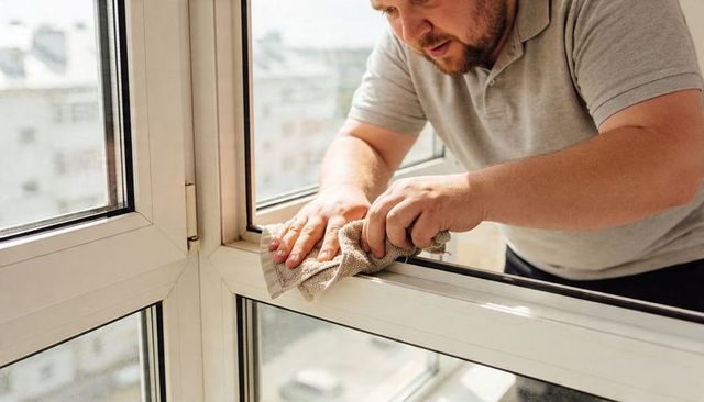 Man wiping white upvc multi-pane window sill with cloth in urban apartment interior