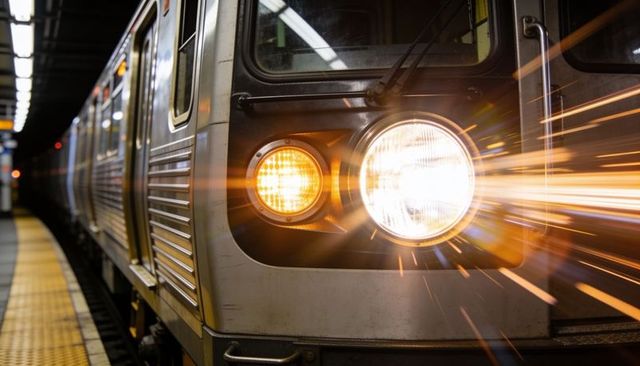 Subway train arriving at underground platform with bright headlight and motion streaks
