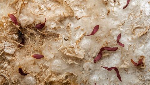 Silky seed fibers and maroon samaras scattered on papery husk macro texture