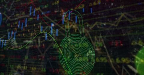 Cybersecurity Symbol Overlays Financial Market Data Graph