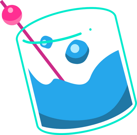 Tilted tumbler with blue beverage and pink stirrer on transparent background