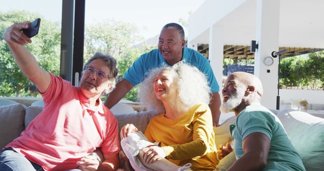 Cheerful Group of Mixed Friends Taking Selfie on Couch - Download Free Stock Images Pikwizard.com