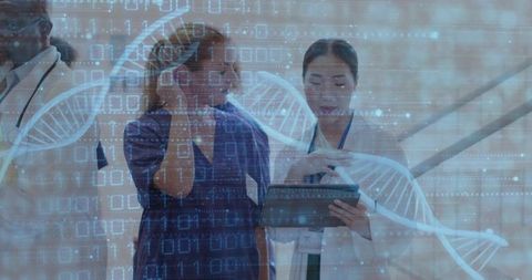 Clinician and nurse collaborating on genomic data with dna hologram and digital tablet