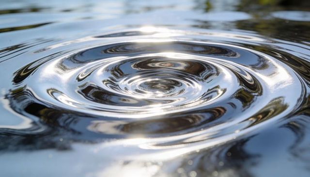 Sunlight reflecting on concentric water ripples creating glossy mirrored rings and shimmer