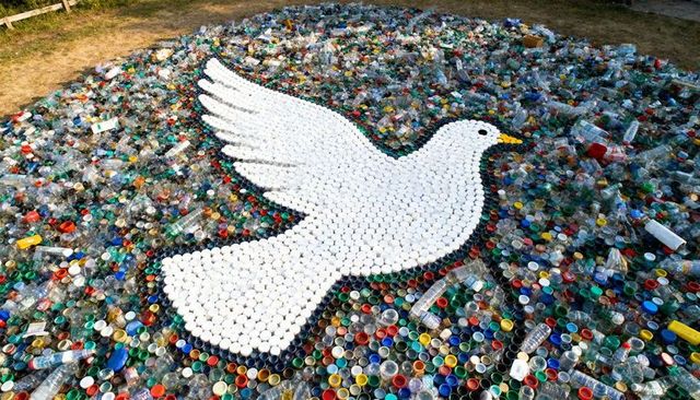 Large white dove mosaic made from plastic bottle caps highlighting recycling and peace campaign