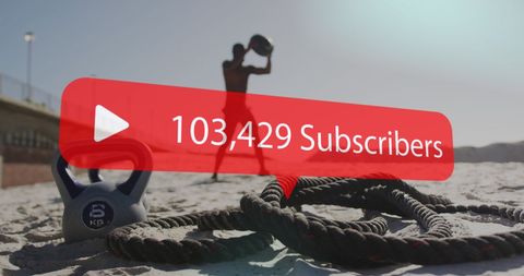 an athlete performs exercises with a kettlebell and agility ropes on a beach, symbolizing strength and dedication. overlaid is a graphic displaying a growing count of subscribers, linking fitness progress with social media growth. this image is ideal for fitness influencers or brands focusing on online presence, motivation for personal trainers, or illustrating the fusion of physical training and digital engagement using clear visual tools.