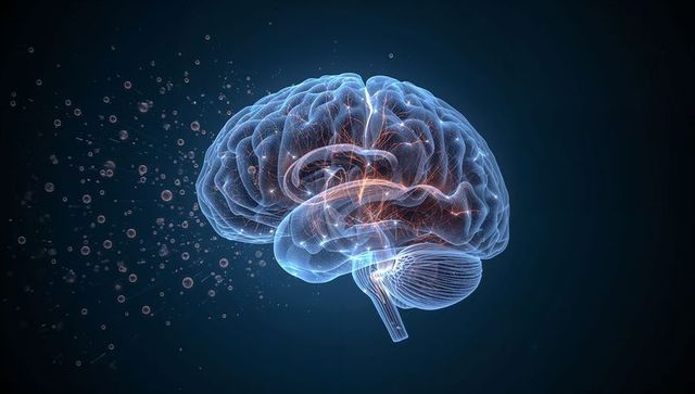 Translucent 3D Brain with Glowing Neural Filaments and Pulsing Synapses in Virtual Space
