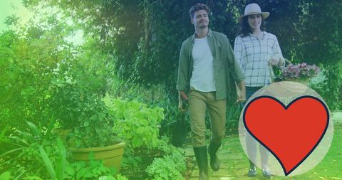 Romantic Couple Walking in Lush Garden with Heart Icon