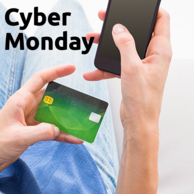 Perfect for illustrating Cyber Monday promotions and online shopping advertisements. Can be used by ecommerce businesses, online retail stores, and financial service providers to highlight mobile payment solutions, holiday discounts, and convenient shopping experiences. Useful in marketing campaigns focusing on technology and consumer behavior during holiday sales events.
