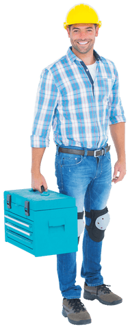Smiling Repairman Holding Toolbox with Transparent Hard Hat and Knee Pads