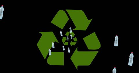 Plastic bottles on black with recycling symbol emphasizing sustainability