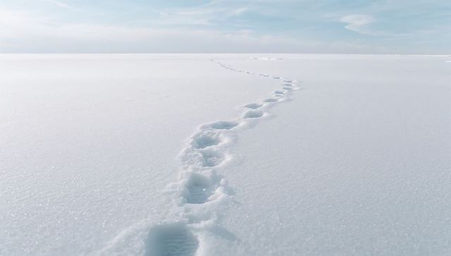 Curving bootprint trail traversing pristine snowfield toward distant horizon minimalist winter