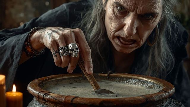 Mystic woman with cauldron creating potions in candlelit cottage