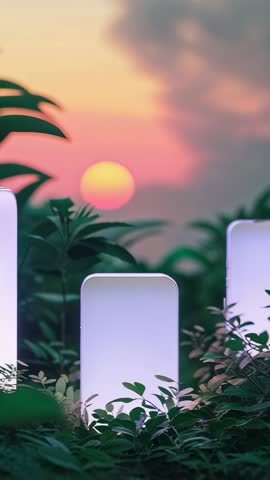 Vertical video sun dipping camera panning through illuminated garden panels shifting blue