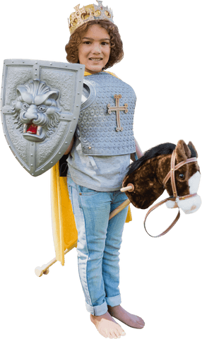 boy in viking costume holding shield and toy horse on transparent background - Download Free Stock Videos Pikwizard.com