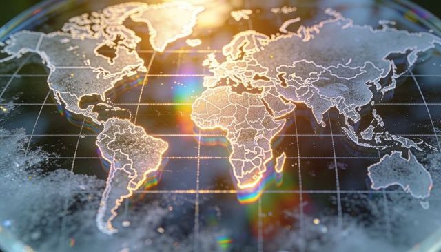Etched glass world map disc with latitude grid and prismatic rainbow light crystal globe detail