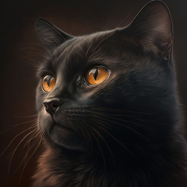 Close-up portrait of a black cat with bright orange eyes and sleek fur. Ideal for themes around pets, feline elegance, and vivid animal photography. Perfect for use in pet care ads, animal awareness campaigns, and fine art prints.