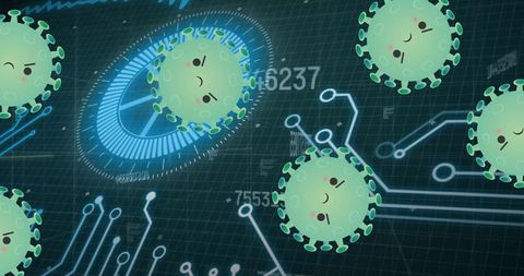 Covid-19 cells and circuit board illustrating global pandemic data