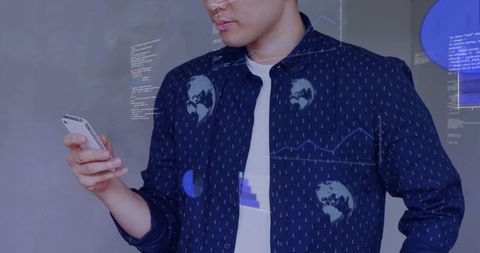 Man holding smartphone projecting holographic analytics and global data dashboards