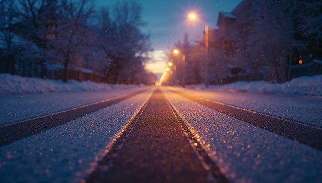 Deserted Snowy Roadway at Dawn with Glowing Streetlights