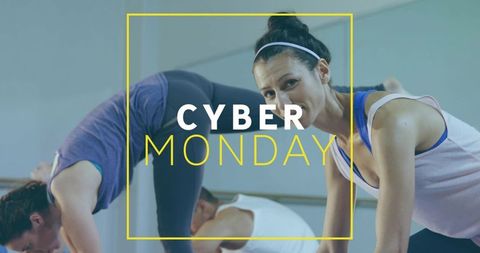 Cyber monday fitness sale women stretching in group yoga class for wellness deals