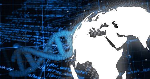 Dna helix weaving toward globe connecting biotech data stream and global digital network