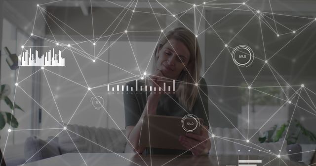 Businesswoman Analyzing Data on Tablet with Abstract Network Overlay - Download Free Stock Images Pikwizard.com