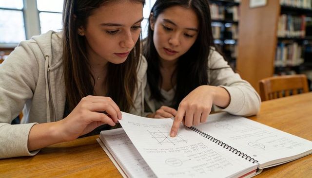 Studying Teens Collaborating and Pointing at Graphs in Spiral Notebook at Library Table
