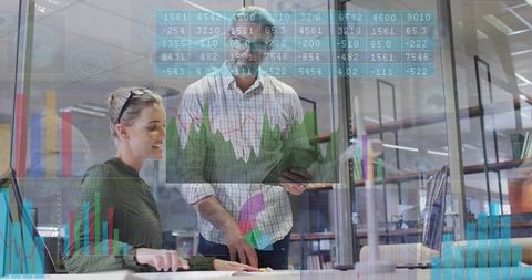 Collaborating and analyzing interactive data dashboards with tablet and desktop in modern office