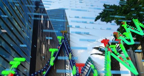 Digital interface over city skyline illustrating data movement