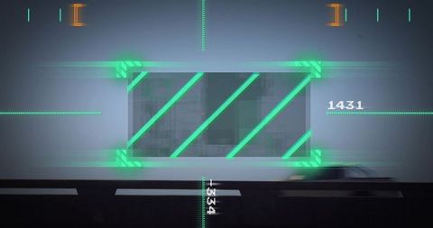 Displaying neon-green HUD overlay with diagonal stripes on underpass wall and blurred vehicle