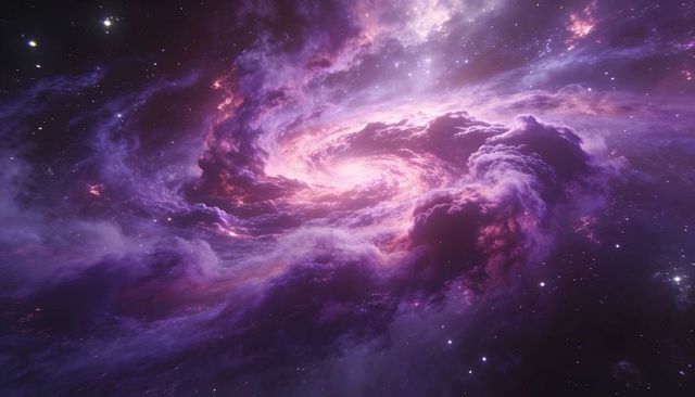 Swirling purple spiral nebula with luminous pink core and ethereal galactic clouds