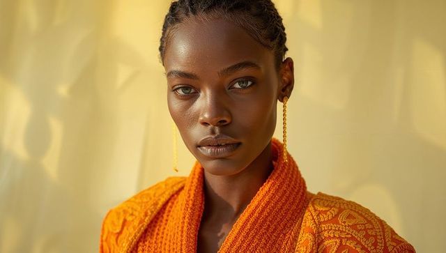 Elegant Fashion Portrait of Woman in Orange Knit Coat with Gold Earrings