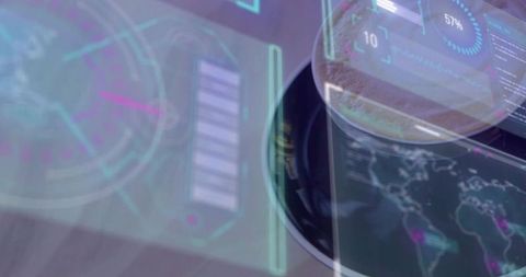 Futuristic holographic interface projecting over coffee cup and digital world map