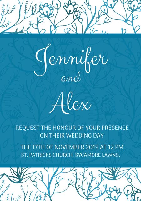 Elegant Floral Wedding Invitation with Blue Botanical Pattern - Download Free Stock Templates Pikwizard.com