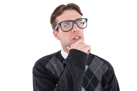Transparent geeky hipster thinking with hand on chin