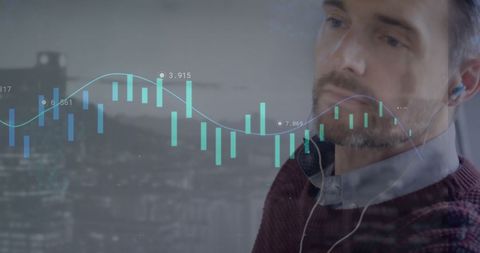 Businessman Analyzing Stock Market Data with Earphones in Office