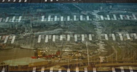 Digital data overlay on urban harbor marina skyline