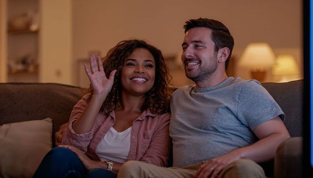 Smiling Couple Waving at Screen Relaxing on Sofa