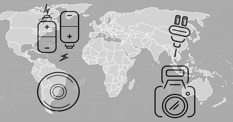 Technology Icons Overlaying Global Map on Grey Background - Download Free Stock Images Pikwizard.com
