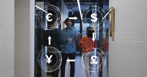 Business professionals with currency exchange symbols in modern office