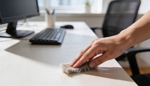 Right hand brushing dust clump from modern wood desk in bright home office neat workspace