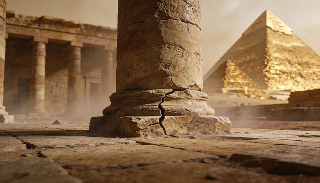 Cracked ancient column in desert temple courtyard with pyramid bathing in golden light