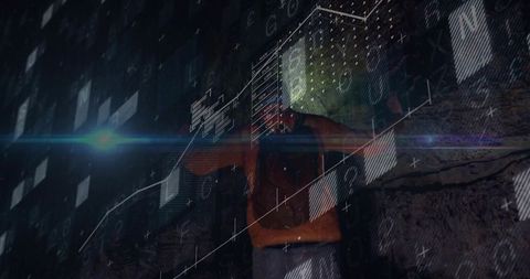 Miner inspecting rockface with digital overlays representing technology