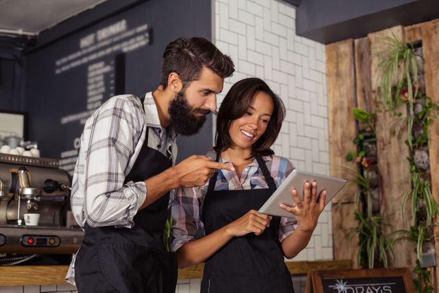 Waiter and waitress in casual attire using a digital tablet in a café. They are smiling and interacting, showcasing teamwork and modern technology in the hospitality industry. Ideal for use in articles or advertisements related to customer service, restaurant management, teamwork, and modern business practices in the service industry.