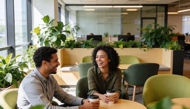 Coworkers Laughing Over Coffee in Modern Green Office Lounge with Natural Light